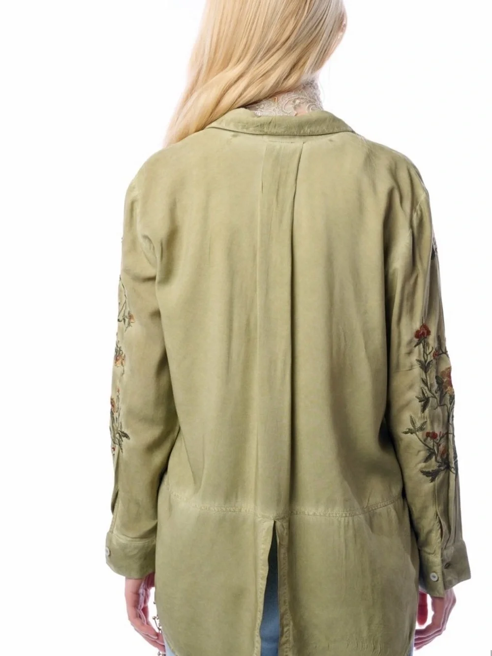 ARATTA Oversized Kate Shirt Embroidered Button Down Small Olive Distressed NWT - Picture 3 of 12
